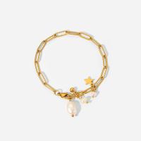 Stainless Steel Charm Bracelet, 304 Stainless Steel, with Freshwater Pearl, Vacuum Ion Plating, fashion jewelry & for woman, golden, 16mm,4mm .3 cm 