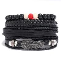 PU Leather Cord Bracelets, with Linen & Wood & Copper Coated Plastic & Zinc Alloy, 4 pieces & fashion jewelry & Unisex, black 