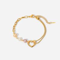 Stainless Steel Charm Bracelet, 304 Stainless Steel, with Plastic Pearl, with 1.5inch extender chain, Heart, Vacuum Ion Plating, Adjustable & fashion jewelry & for woman & hollow, golden, 11.64mm Inch 