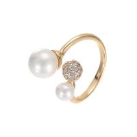 Brass Cuff Finger Ring, gold color plated, Adjustable & micro pave cubic zirconia & for woman & with plastic pearl 