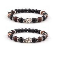 Gemstone Bracelets, Coffee Agate, with Abrazine Stone & Zinc Alloy, Buddha, silver color plated, elastic & Unisex, mixed colors, 8mm .5 Inch 