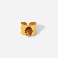 304 Stainless Steel Cuff Finger Ring, with Tiger Eye, Vacuum Ion Plating, fashion jewelry & for woman, golden 3mm 