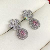 Cubic Zircon (CZ) Stud Earring, Brass, platinum color plated, micro pave cubic zirconia & for woman & hollow, pink, 18mm 