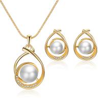Rhinestone Zinc Alloy Jewelry Set, Stud Earring & necklace, with Plastic Pearl, gold color plated, 2 pieces & for woman & with rhinestone, golden, 21*35mm,17*24mm Approx 15.75 Inch 