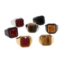 Gemstone Stainless Steel Finger Ring, 304 Stainless Steel, with Tiger Eye & Black Stone & Red Jasper, Square, Vacuum Ion Plating & for man US Ring 