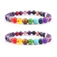 Gemstone Bracelets, Miracle Agate, with Gemstone & Zinc Alloy, Round, gold color plated, elastic & Unisex, mixed colors, 8mm .5 Inch 