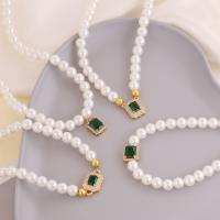 Plastic Pearl Necklace, with Crystal & Brass, gold color plated & micro pave cubic zirconia & for woman 440mm 