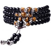 Wrap Bracelets, Obsidian, with Tiger Eye & Zinc Alloy, Round, silver color plated, multilayer & Unisex, black Approx 34.65 Inch 