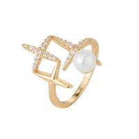Cubic Zirconia Micro Pave Brass Finger Ring, with Plastic Pearl, gold color plated, Adjustable & micro pave cubic zirconia & for woman 