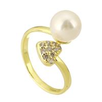 Brass Cuff Finger Ring, with Plastic Pearl, high quality gold color plated, Adjustable & micro pave cubic zirconia & for woman US Ring 