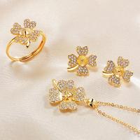 Brass Jewelry Finding Set, Earring Setting & Pendant Setting & Ring Base, Four Leaf Clover, real gold plated, DIY & with rhinestone, 9.5-10.5mm,7-8.5mm,7.5-8.5mm, Inner Approx 21mm 