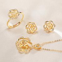 Brass Jewelry Finding Set, Earring Setting & Pendant Setting & Ring Base, Flower, real gold plated, DIY & with rhinestone, 7.5-9mm,7.5-8.5mm,8.5-10.5mm, Inner Approx 21mm 