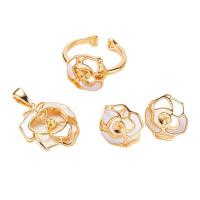 Brass Jewelry Finding Set, Earring Setting & Pendant Setting & Ring Base, with White Shell, Flower, real gold plated, DIY, 6-7mm,6-7mm,7.5-8.5mm, Inner Approx 21mm 