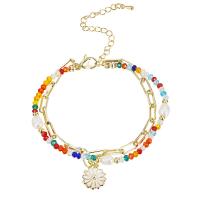Crystal Pearl Bracelets, Brass, with Freshwater Pearl & Crystal, with 1.97inch extender chain, Flower, for woman & enamel, multi-colored Approx 7.09 Inch 