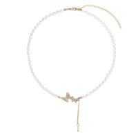 Collier de perles en plastique, perle de plastique, avec alliage de zinc, avec 2.75inch chaînes de rallonge, papillon, Placage de couleur d'or, pour femme & avec strass, 50mm Environ 14.1 pouce, Vendu par PC