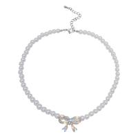 Plastic Pearl Necklace, with Zinc Alloy, with 2.75inch extender chain, Bowknot, for woman & with rhinestone Approx 13.7 Inch 