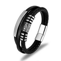 Titanium Steel Bracelet, with Split Layer Cowhide Leather, platinum plated, multilayer & braided bracelet & for man, 215mm 