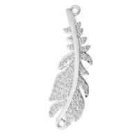 Cubic Zirconia Micro Pave Brass Connector, Feather, silver color plated, DIY & micro pave cubic zirconia & 1/1 loop, silver color Approx 1mm 