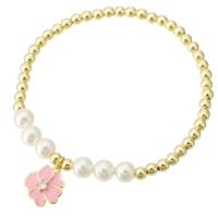Cubic Zirconia Micro Pave Brass Bracelet, with Shell Pearl, Flower, gold color plated, micro pave cubic zirconia & for woman & enamel, pink Approx 7 Inch 