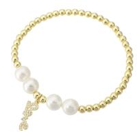 Cubic Zirconia Micro Pave Brass Bracelet, with Shell Pearl, gold color plated, micro pave cubic zirconia & for woman Approx 7 Inch 