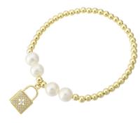Cubic Zirconia Micro Pave Brass Bracelet, with Shell Pearl, Lock, gold color plated, micro pave cubic zirconia & for woman Approx 7 Inch 