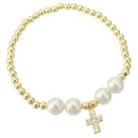 Cubic Zirconia Micro Pave Brass Bracelet, with Shell Pearl, Cross, gold color plated, micro pave cubic zirconia & for woman Approx 7 Inch 