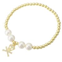 Cubic Zirconia Micro Pave Brass Bracelet, with Shell Pearl, Skull, gold color plated, micro pave cubic zirconia & for woman Approx 7 Inch 