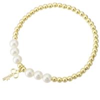 Cubic Zirconia Micro Pave Brass Bracelet, with Shell Pearl, Key, gold color plated, micro pave cubic zirconia & for woman Approx 7 Inch 
