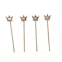 Hair Stick, Brass, Crown, gold color plated, with rhinestone & hollow, 42mm 