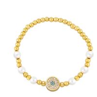 Cubic Zirconia Micro Pave Brass Bracelet, with Plastic Pearl, Round, gold color plated, elastic & micro pave cubic zirconia & for woman .7 Inch 