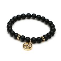 Black Agate Bracelets, with Brass, Peace Logo, plated, fashion jewelry & Unisex & micro pave cubic zirconia 15mm,8mm cm 