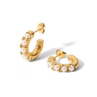 Edelstahl Perle Stud Ohrring, 304 Edelstahl, mit ABS-Kunststoff-Perlen, 18K vergoldet, Modeschmuck & für Frau, goldfarben, 18x22mm, verkauft von Paar