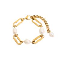Cultured Freshwater Pearl Bracelets, 304 Stainless Steel, with Freshwater Pearl, with 7cm extender chain, 18K gold plated, fashion jewelry & for woman, golden, 8.85mm cm 