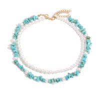 Turquoise Zinc Alloy Necklace, with Seedbead & turquoise & Shell & Plastic Pearl, gold color plated, Bohemian style & for woman 