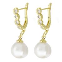 Cubic Zirconia Micro Pave Brass Earring, with Plastic Pearl, gold color plated, micro pave cubic zirconia & for woman, 39mm 