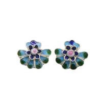 Brass Stud Earring, Cloisonne, with Brass, Flower, for woman 13mm 