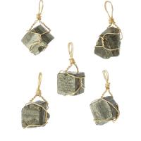 Gemstone Brass Pendants, Golden Pyrite, with brass wire, gold color plated, DIY 