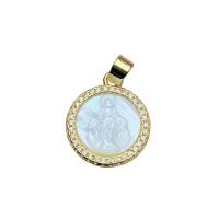 Cubic Zirconia Micro Pave Brass Pendant, White Shell, with Brass, Flat Round, gold color plated, micro pave cubic zirconia & for woman, white, 15.6mm 