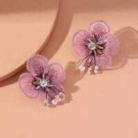 Cloth Stud Earring, with Crystal, Flower, fashion jewelry & for woman, pink 