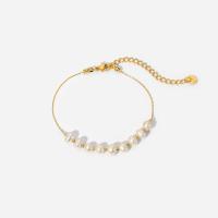 Cultured Freshwater Pearl Bracelets, 304 Stainless Steel, with Freshwater Pearl, with 2inch extender chain, 18K gold plated, fashion jewelry & for woman, golden, 6mm Approx 7 Inch 