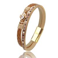 Leatheroid Cord Bracelets, Titanium Steel, with Leather, gold color plated, braided bracelet & micro pave cubic zirconia & for woman, orange, 205mm 