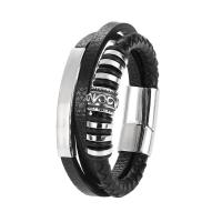 Leatheroid Cord Bracelets, Titanium Steel, with Leather, plated, multilayer & braided bracelet & for man, black, 215mm 
