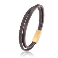 Leatheroid Cord Bracelets, Titanium Steel, with Leather, gold color plated, Double Layer & braided bracelet & Unisex, deep coffee color, 215mm 