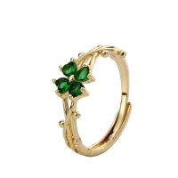 Cubic Zirconia Micro Pave Brass Finger Ring, Four Leaf Clover, real gold plated, Adjustable & micro pave cubic zirconia & for woman 