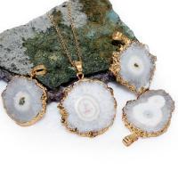 Natural Agate Druzy Pendant, Ice Quartz Agate, with Brass, gold color plated, Unisex 20-50x5.5-6.5mm 