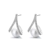 Cubic Zirconia Micro Pave Sterling Silver Earring, 925 Sterling Silver, with Shell Pearl, Triangle, plated, micro pave cubic zirconia & for woman 