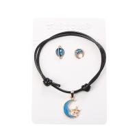 Enamel Zinc Alloy Jewelry Sets, Wax Cord, Stud Earring & bracelet, with Zinc Alloy, gold color plated, three pieces & fashion jewelry, black 8mm cm 