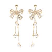 Cubic Zirconia Micro Pave Brass Earring, Glass Pearl, with Brass, Bowknot, real gold plated, micro pave cubic zirconia & for woman, gold 