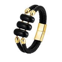 Leather Bracelet, with Black Agate & 316L Stainless Steel, plated, fashion jewelry & for man 
