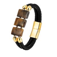 Leather Bracelet, with Tiger Eye & 316L Stainless Steel, plated, fashion jewelry & for man 